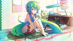 Headphones beds Lamps bedroom long hair anime girls green eyes 