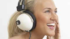 Headphones blonde laughing Music