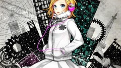 Headphones blondes anime girls blue eyes short hair pantyhose 