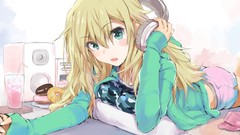 Headphones blondes anime girls green eyes donat