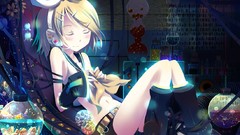 Headphones blondes anime girls vocaloid kagamine rin