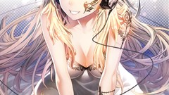 Headphones blondes tattoos long hair anime girls cleavage 