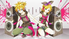 Headphones blondes twins microphones anime girls blue eyes 