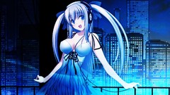Headphones blue cityscapes vocaloid