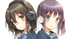 Headphones blue eyes brown eyes brunettes school uniforms back 