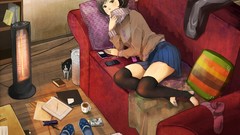 Headphones blush barefoot anime girls ipod brown eyes indoors 