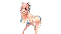 Headphones blush pink hair anime girls super sonico bikini 