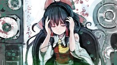 Headphones bows long hair anime girls speakers brown eyes 