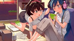 Headphones brunettes blue eyes