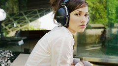 Headphones brunettes woman Actress