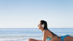 Headphones brunettes woman swimsuits