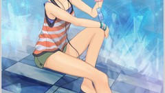 Headphones Cables Shorts sitting floor tank tops blue hair 