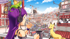 Headphones cityscapes cats buildings