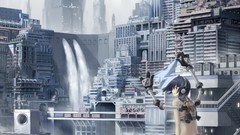 Headphones cityscapes futuristic artwork