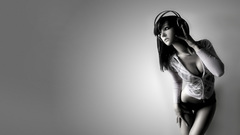 Headphones cleavage monochrome