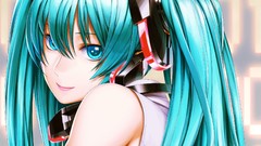 Headphones close-up faces smiling long hair anime girls hatsune 