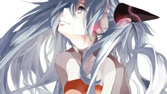 Headphones close-up tears white background faces blue hair long 