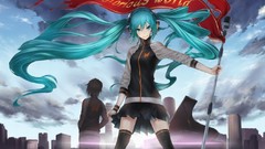 Headphones clouds cityscapes vocaloid