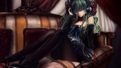 Headphones couch anime girls blue eyes hatsune miku vocaloid 