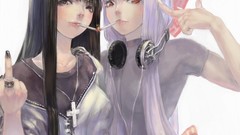 Headphones cross Jewelry rings white hair Cigarettes red eyes 