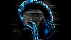 headphones digital art blue dark Music black background collage