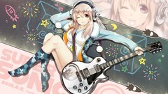 Headphones drawings pink hair long hair anime girls brown eyes 