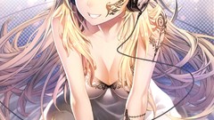 Headphones dress blondes tattoos smiling long hair anime girls 