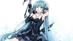 Headphones dress blue hair long hair anime girls blue eyes 