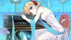 Headphones dress purple eyes no bra