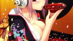 Headphones dress red eyes pink hair anime girls flower petals 