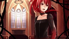 Headphones dress red eyes thorns long hair anime girls indoors 