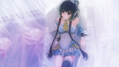 Headphones dress sitting microphones long hair anime girls 