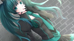 Headphones dress tie hats gloves skirts long hair green eyes 