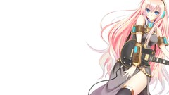 Headphones dress white background guitars belts pink hair long 