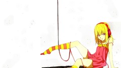 Headphones dress white background socks blondes pink eyes anime 