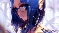 Headphones ears glasses lips Ribbons faces blue hair anime 