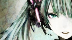 Headphones faces long hair green eyes headsets hatsune miku 