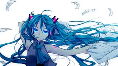 Headphones feathers tattoos long hair anime girls blue eyes 