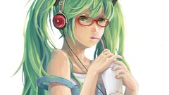 Headphones glasses beverages green eyes hatsune miku vocaloid 