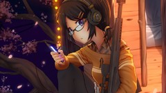 Headphones glasses black hair cherry blossoms purple eyes 