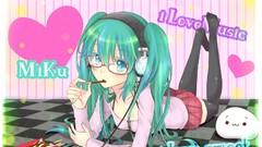 Headphones glasses blue hair anime girls hatsune miku vocaloid 