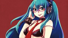 Headphones glasses red background blue hair smiling anime girls 
