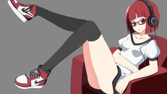 Headphones glasses red eyes anime girls redheads meganekko 