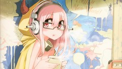 Headphones glasses red eyes faces hoodies cups blush pink hair 