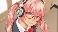 Headphones glasses red eyes pink hair anime girls nitroplus 