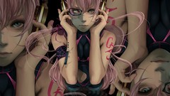 Headphones glasses tattoos pink hair long hair anime girls blue 