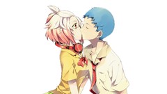 Headphones glasses tie white background skirts kissing anime 