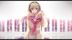 Headphones glasses wires schoolgirls scarfs anime girls green 