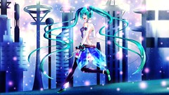 Headphones gloves blue hair cities long hair anime girls blue 