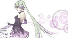 Headphones gloves elbows hatsune miku vocaloid green hair 